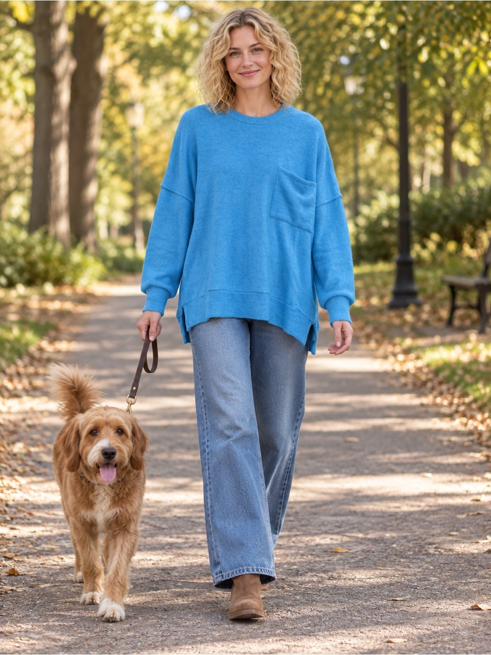 H122 Zenana S/M Ptp28 Cozy Oversized Blue Crewneck Sweater with Pocket